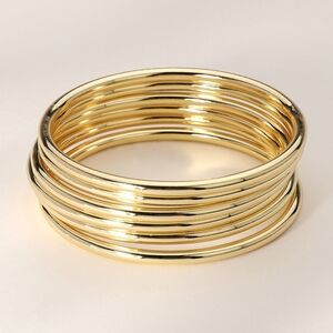 Gold 6 Piece Stack Round Metal Bangle Bracelets Set Layered Glossy Jewelry